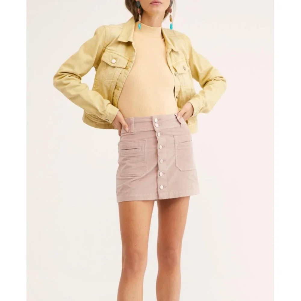 NEW Free People Joanie Cord Skirt Pink Ice Buttons Corduroy Vintage Retro Mini
